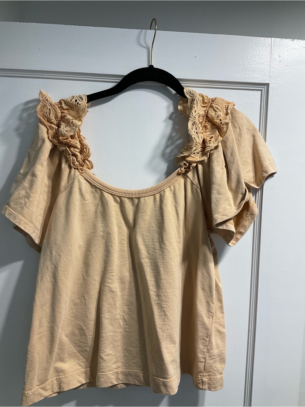 Anthropology- Pilcro. Women's Cream Lace-Trim Short Sleeve Top
